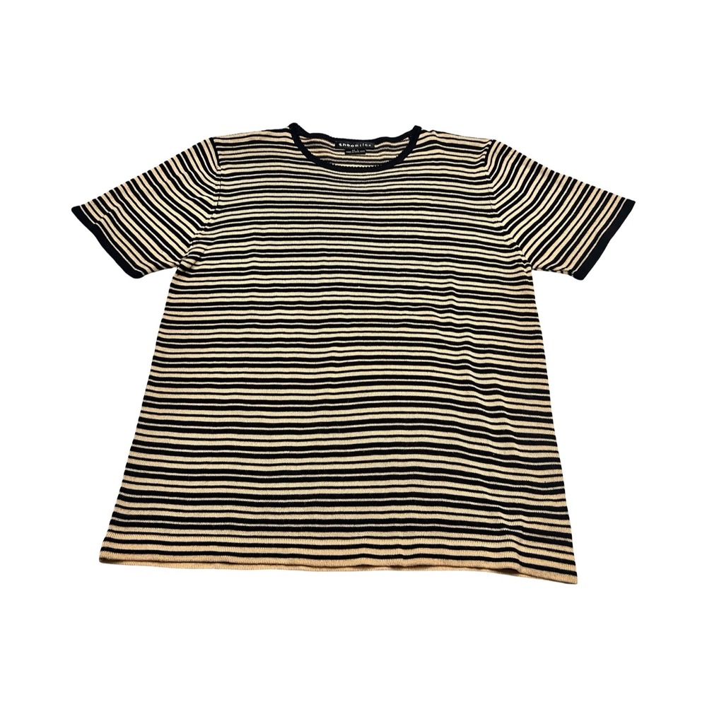 Theo Miles Womens Large Black Tan Striped Knit Short Sleeve Sweater Crewneck Top
